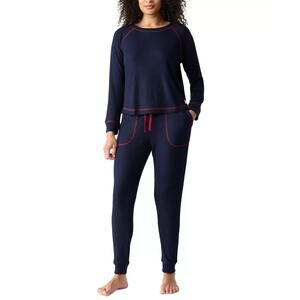 Gap Body 2pc Jogger Pajama Set XL Navy Red Woven LS Soft Lounge Comfort NEW